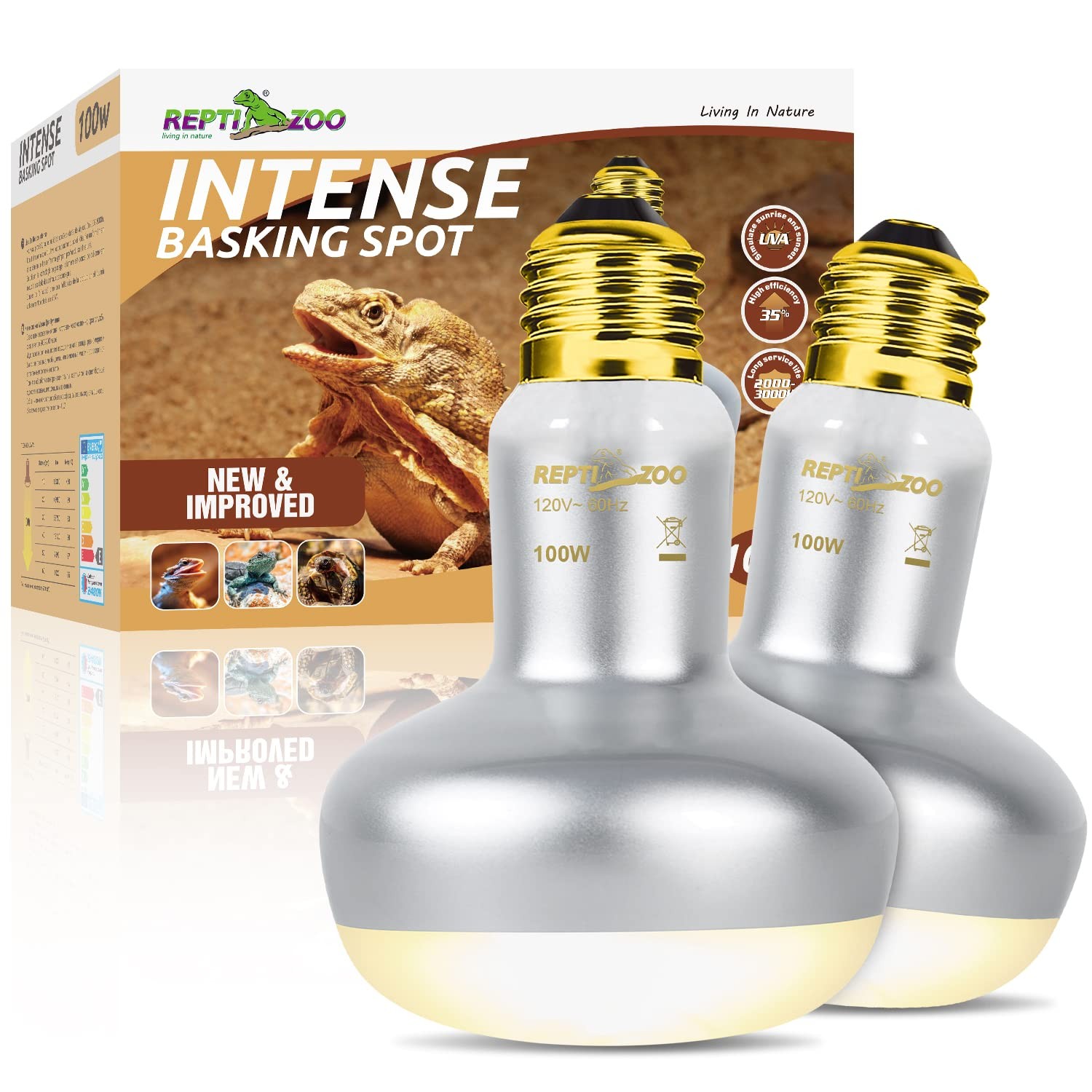 REPTI ZOO 2 Pack Heat Lamp 100W, Intense Basking Spot Simulated Natural White