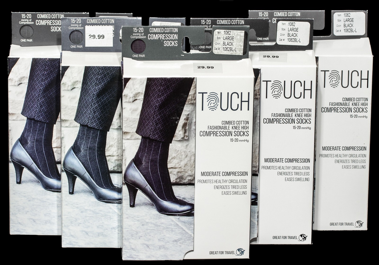 Touch Womens LARGE Knee High Compression Dress Socks 15-20mmHg BLK Rib Pattern