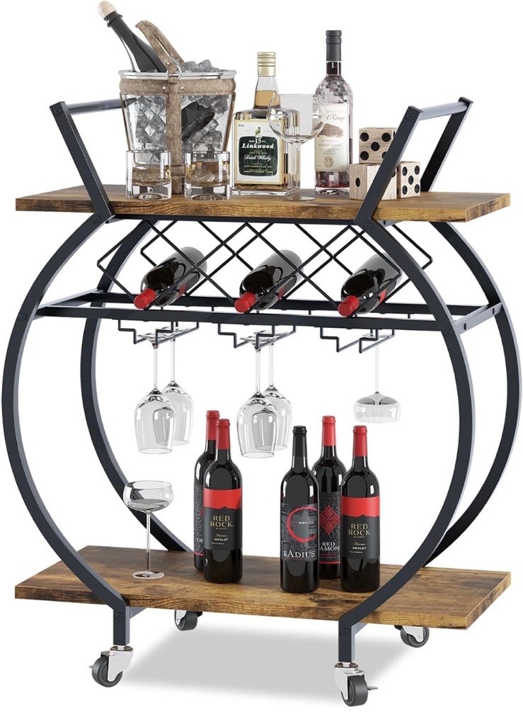2 Tier Rolling Bar Cart Home Serving w/ Wine Rack & Wheels Modern Rustic Round