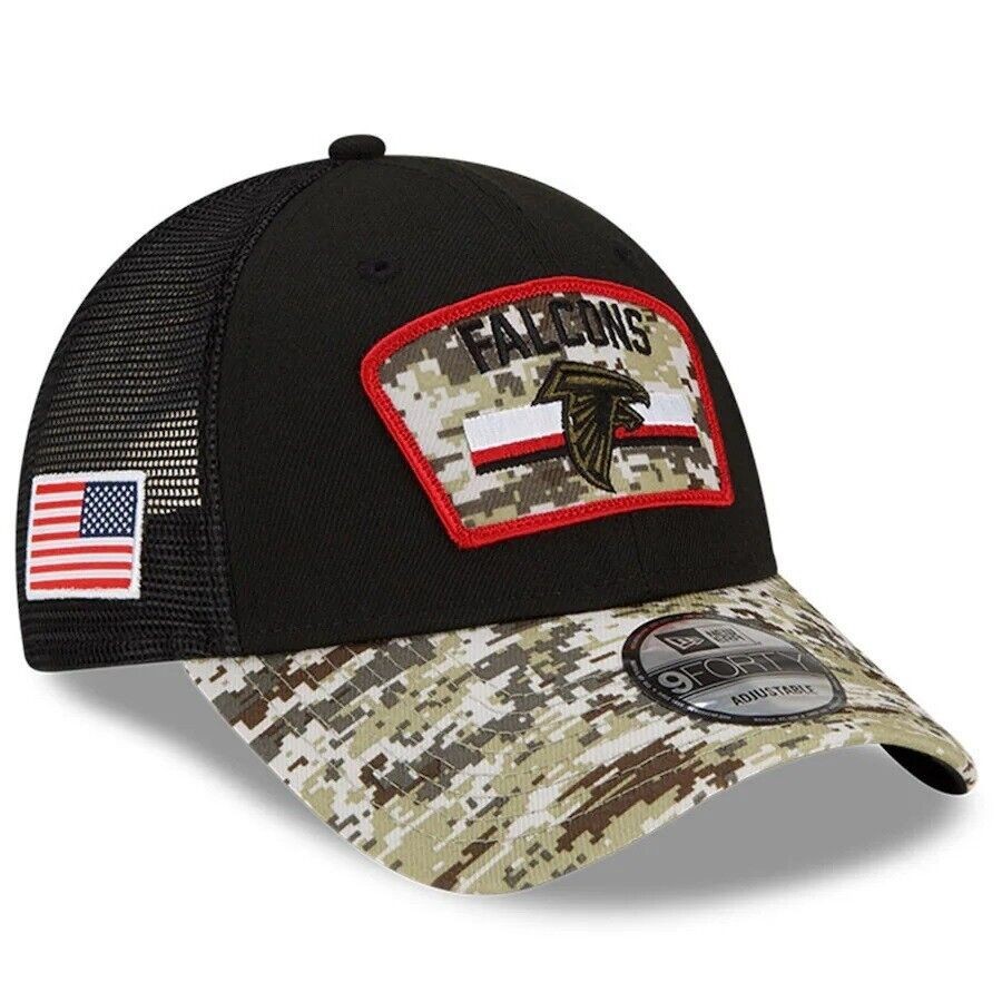 ATLANTA FALCONS SALUTE TO SERVICE NFL CAMO BILL HAT ADJUSTABLE USA FLAG