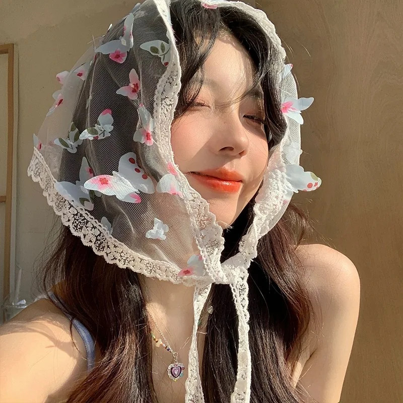 1 Pcs Women's Hair Scarfs Dopamine Butterfly Lace French Cute Elegant Sweet Tria