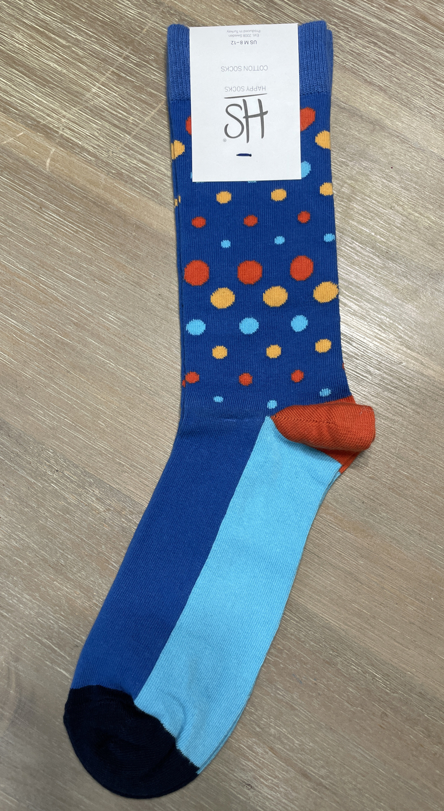 New Happy Socks Blue Orange Polka Dot Combed Cotton Crew Socks Size 8–12