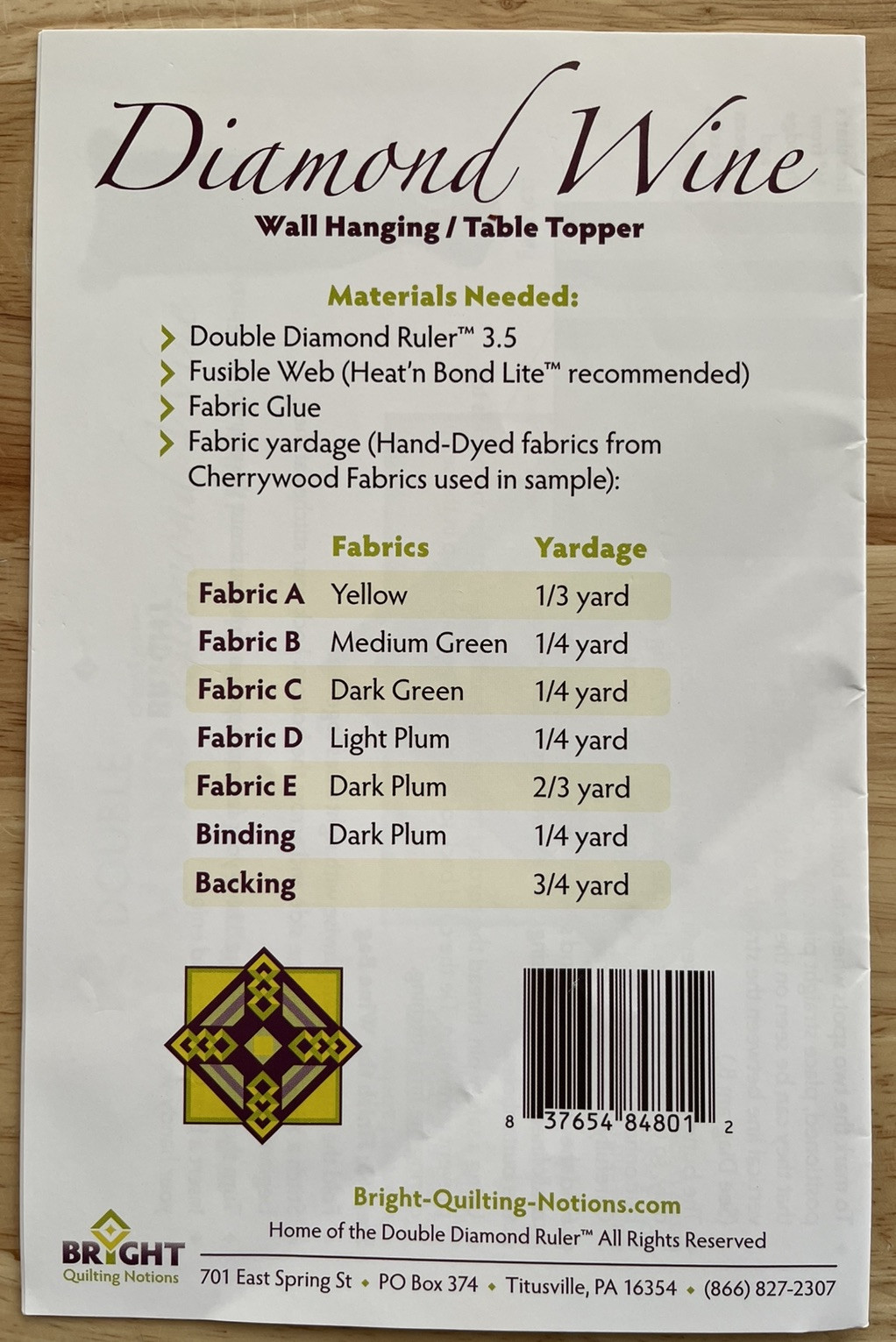 Diamond Wine Wall Hanging/Table Topper + Bonus Wine Bag Pattern
