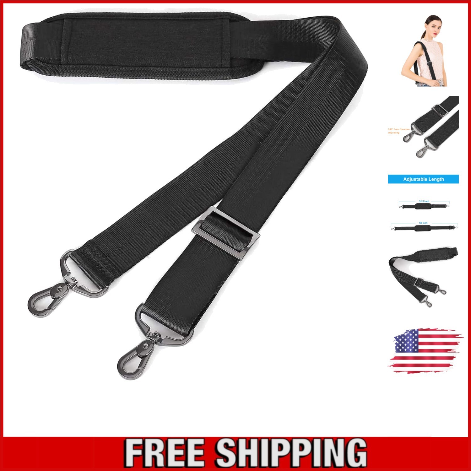 Comfort-Fit Adjustable Shoulder Strap with Metal Swivel Hooks & Padded Design