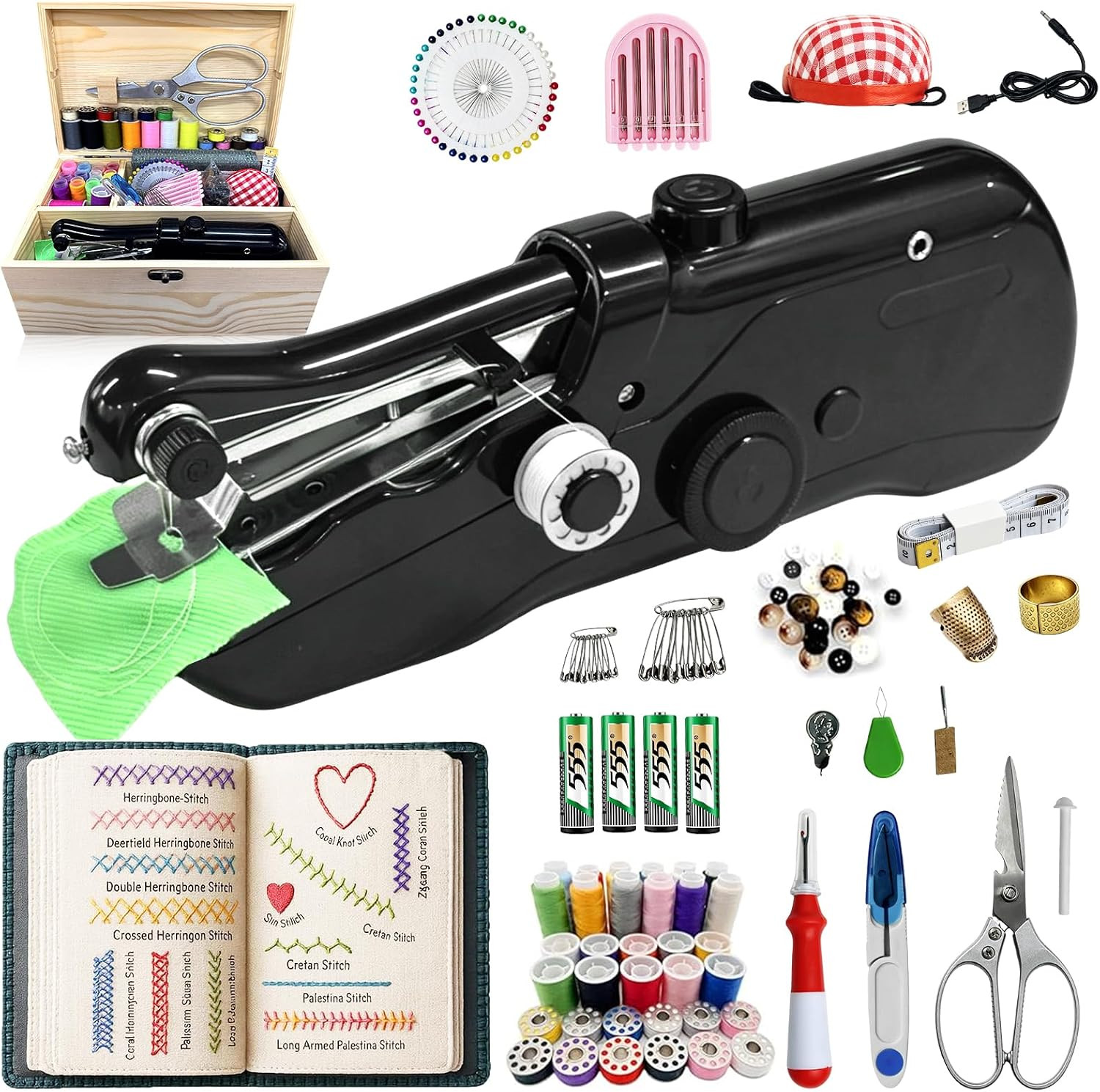 Handheld Sewing Machine with Wooden Sewing Box & 169-Piece Kit, Includes Embroid