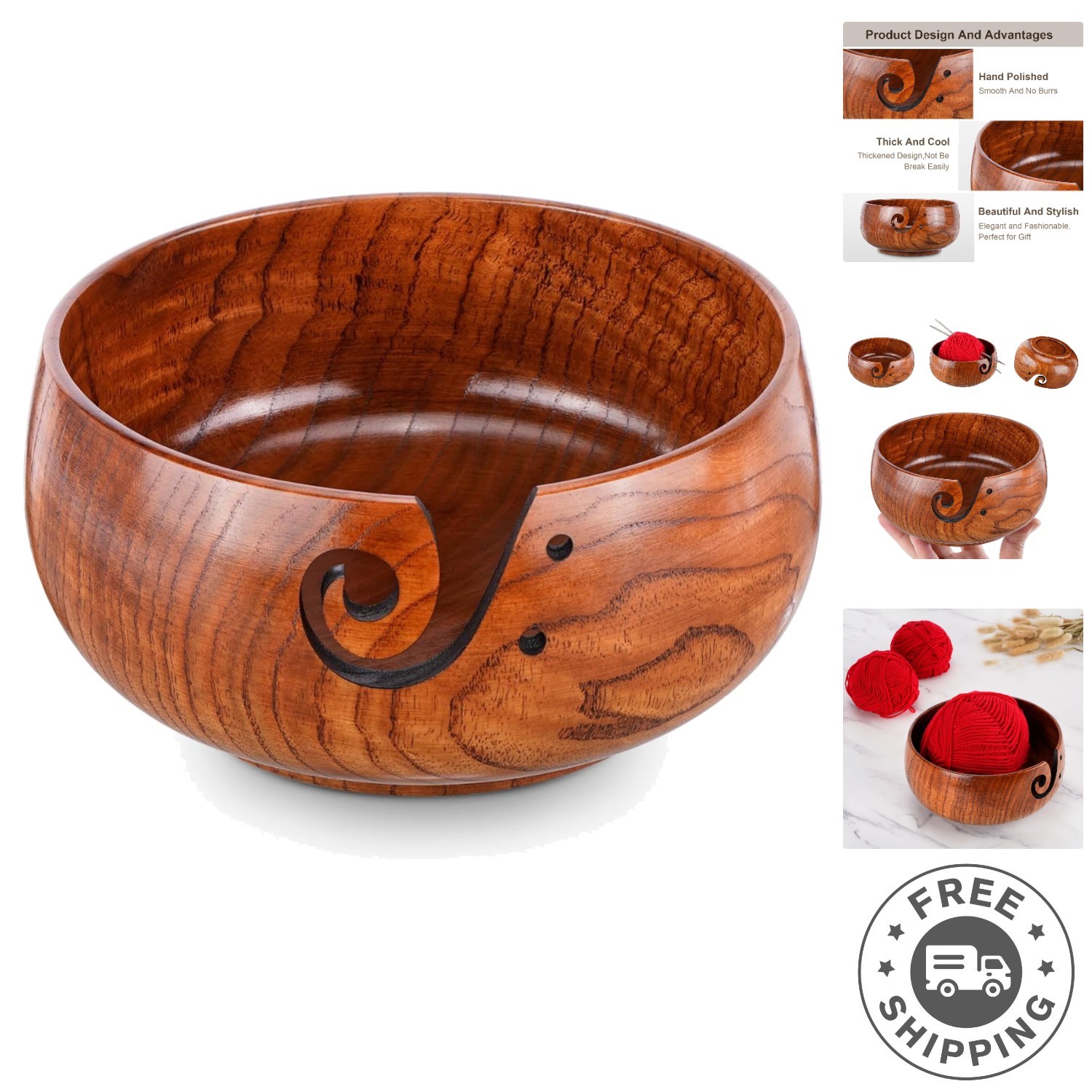 Portable Wooden Yarn Bowl - Handmade Tangle Prevention for Knitters & Crocheters