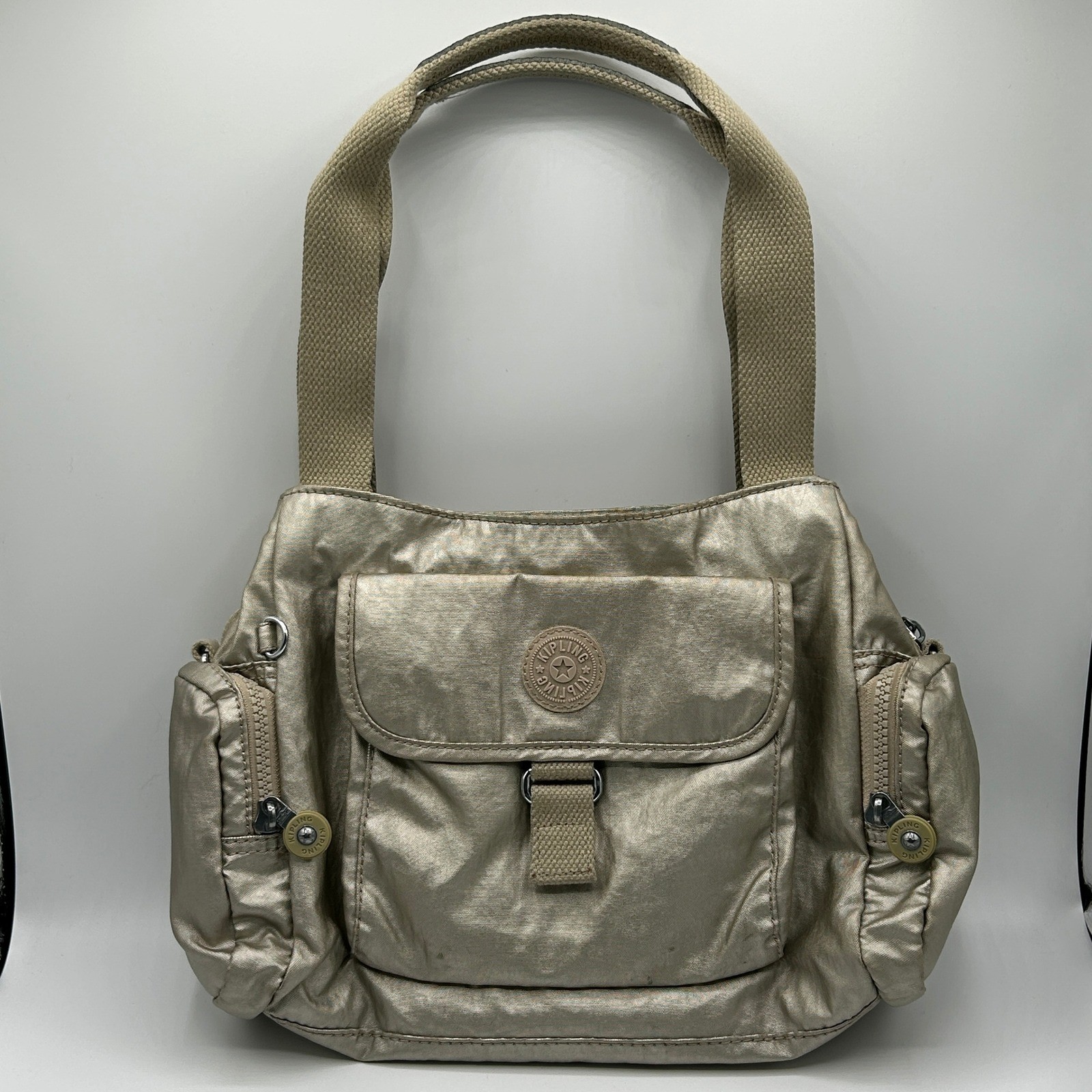 Kipling Felix Large Hobo Shoulder Bag Metallic Crinkle Gold Utility Multi Pocket