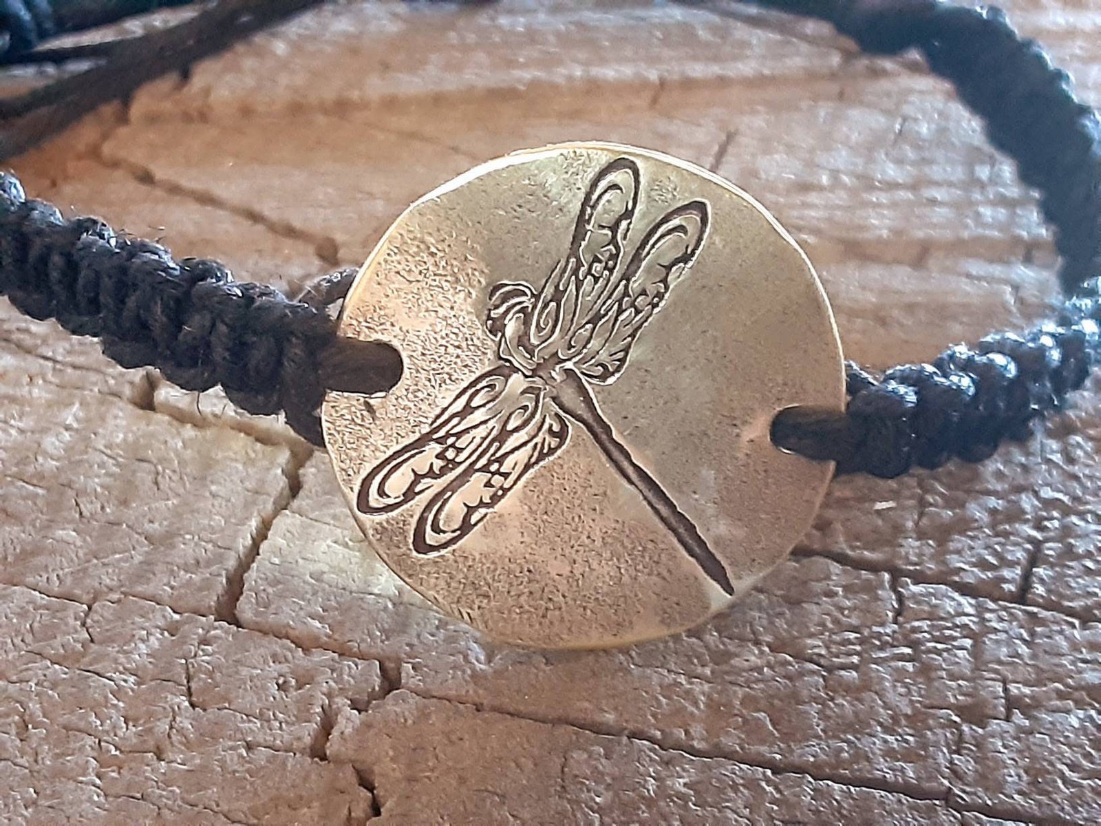 Handmade Black Hemp Bracelet: Brass Dragonfly, Adjustable Woven Design