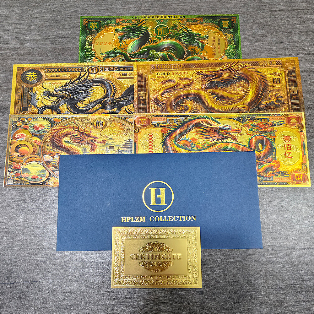 5pcs/set in Envelope 2024 Chinese Dragon Year Gold Foil Plastic Banknotes Gifts