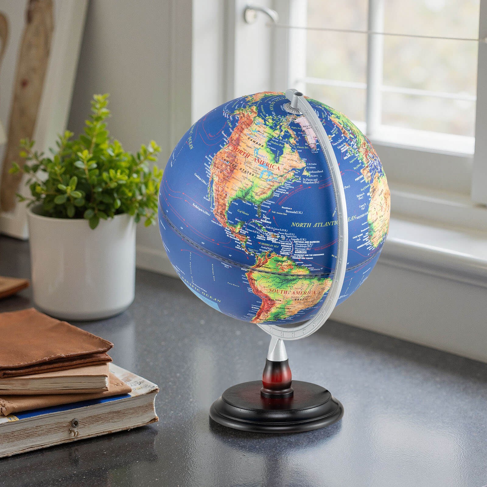 12" Illuminated World Globe w/Raised Relief LED Lights & Time Zone Non-Slip Base