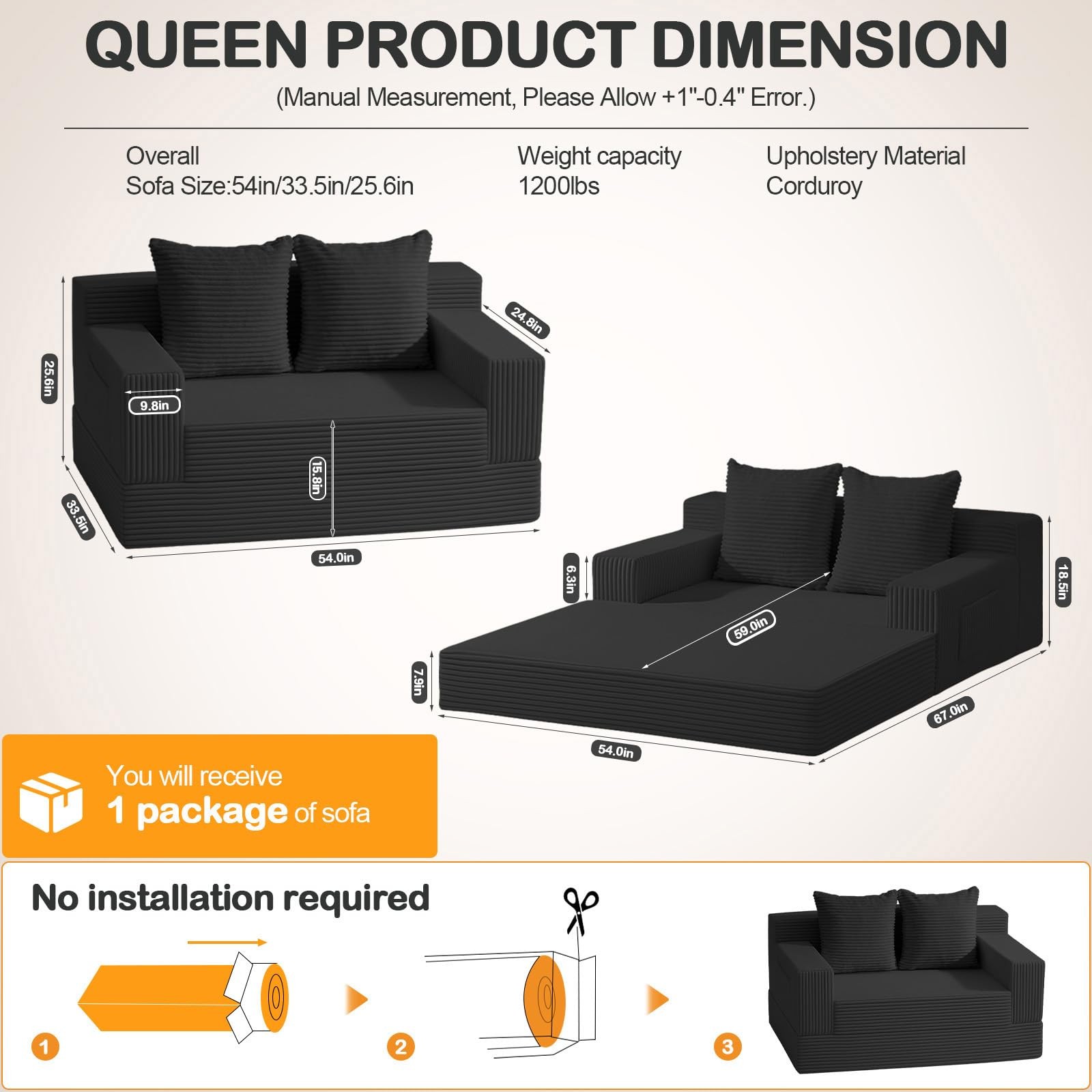Loveseat Boneless Convertible Sofa Bed, Folding Floor Futon Sleeper Sofa Couc...