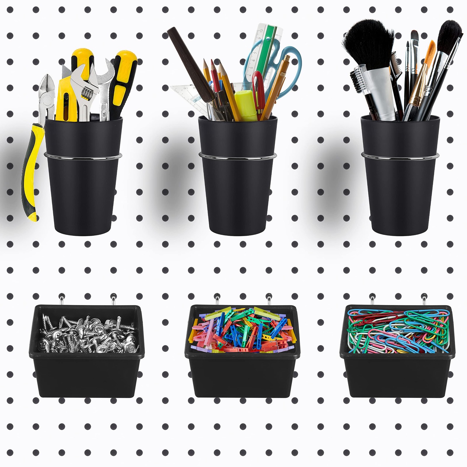6 Sets Pegboard Bins Cups with Hooks Loops for Tools Accessory Storage Organizer