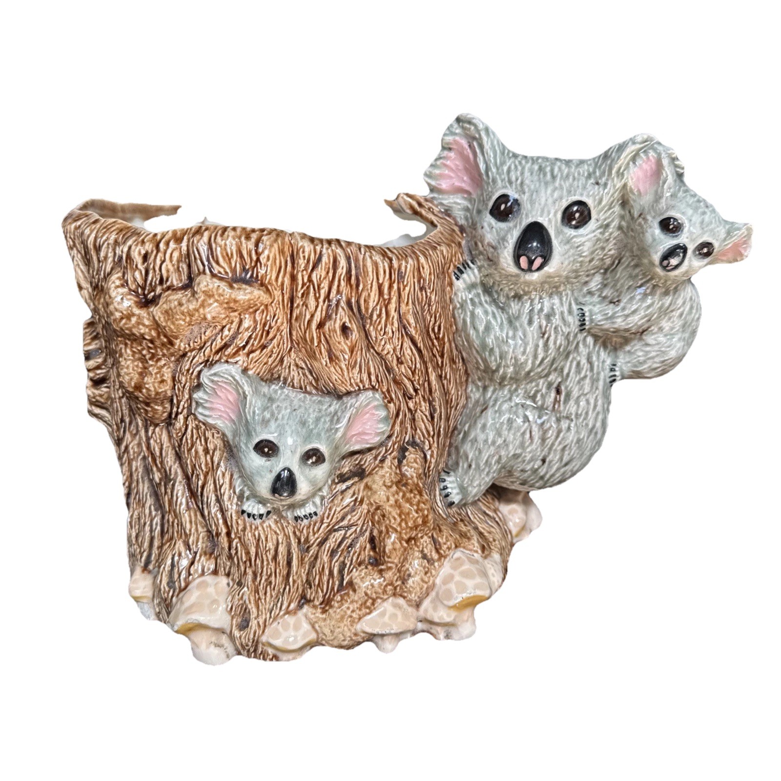 Vtg 1980 Handmade Painted Koala Bear Tree Stump Mushroom Planter