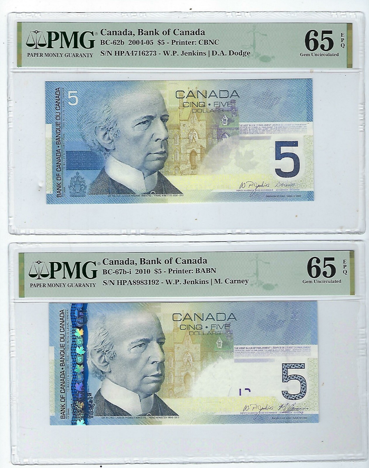 2010 Bank of Canada $5, BC-67b-i,BC-62b PMG 65 EPQ Change Over Pair HPA Tough