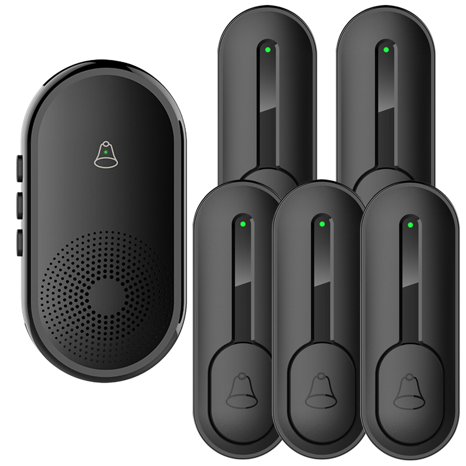 Caregiver pagers,5 SOS Call Buttons,Wireless Doorbell,55 chimes,0-110 dB,Black