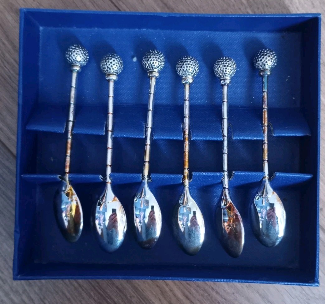 Vintage Set Of Six Golf Ball Topped Design Spoons In Original Box