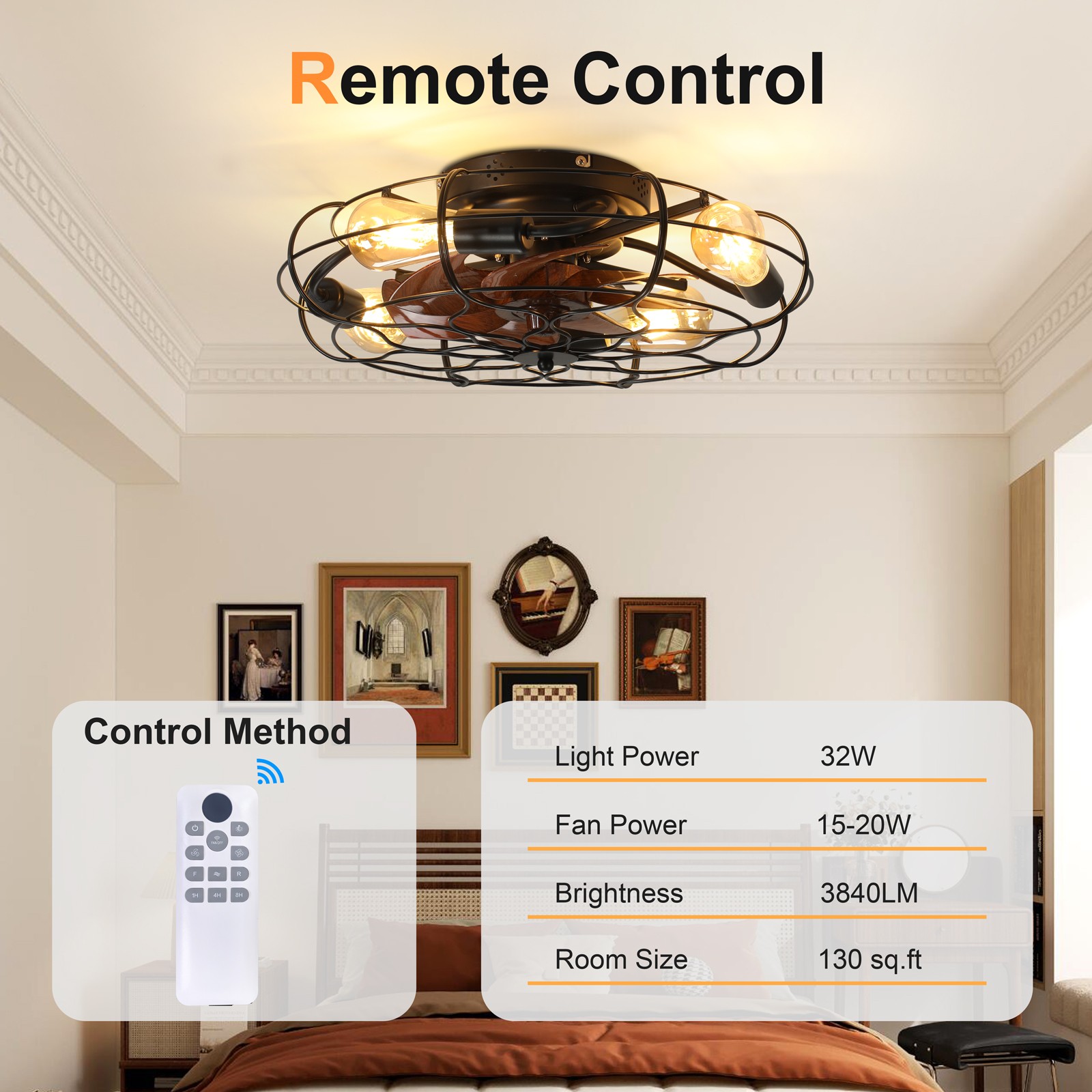 19.7" Industrial Caged Ceiling Fan with Light, 6-Speed, Remote, Timer