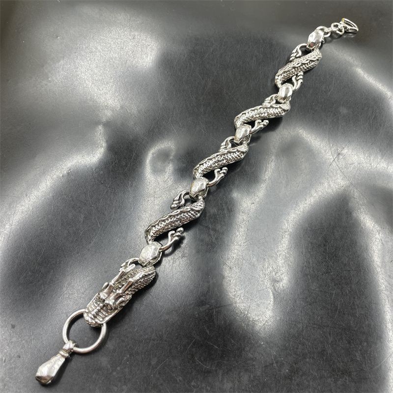 Tibetan Dragon Play Pearl Bracelet for Men and Women, Silver Alloy Bracelet