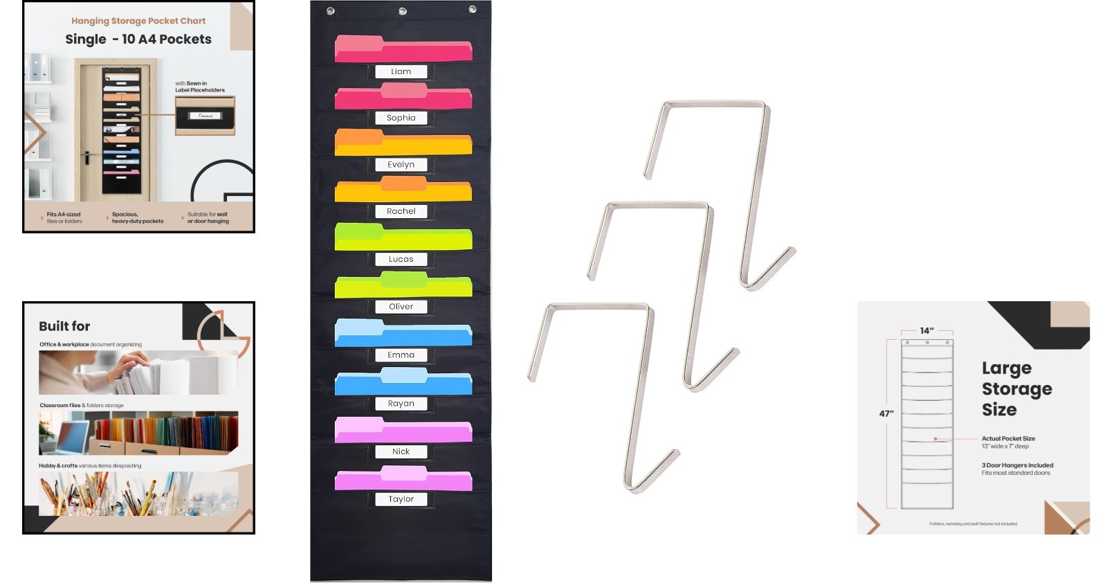 Black Over Door Pocket Chart with 3 Hangers for Easy Organization