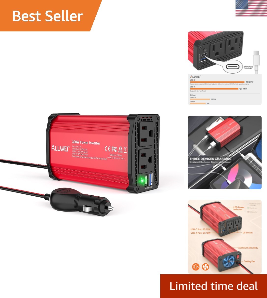 Reliable 300W USB-C and USB-A Fast Charging Car Inverter for Travel Essentials
