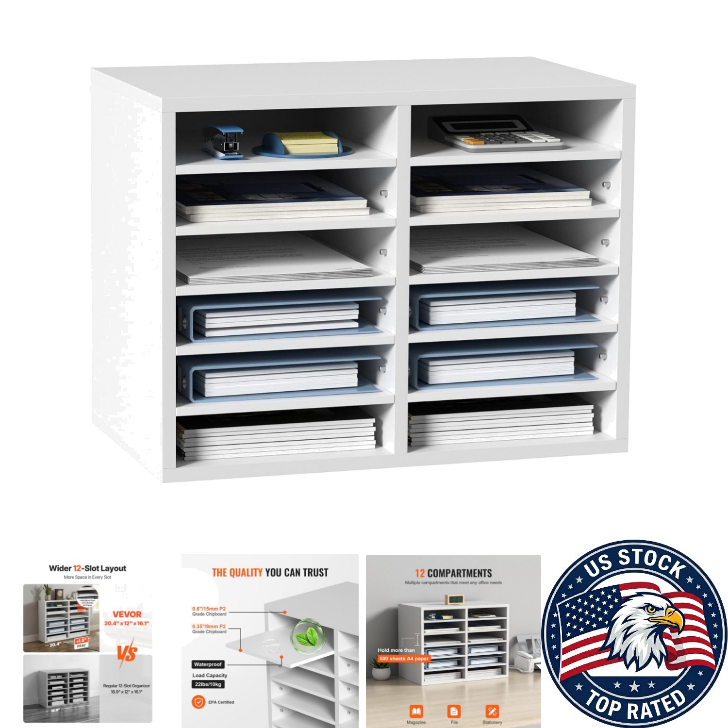 Polished White 12-Compartment Organizer for Books, Papers & More - EPA Certified