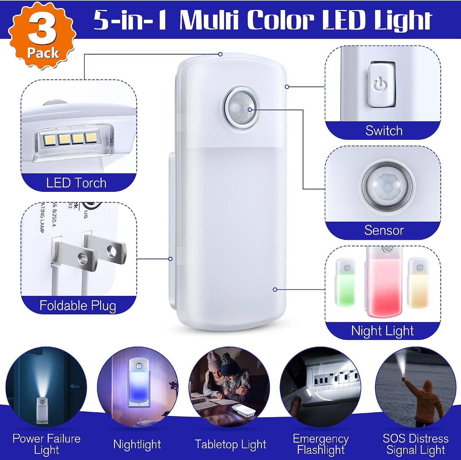 5-in-1 Rechargeable LED Night Lights with Motion Sensor - 3 Pack