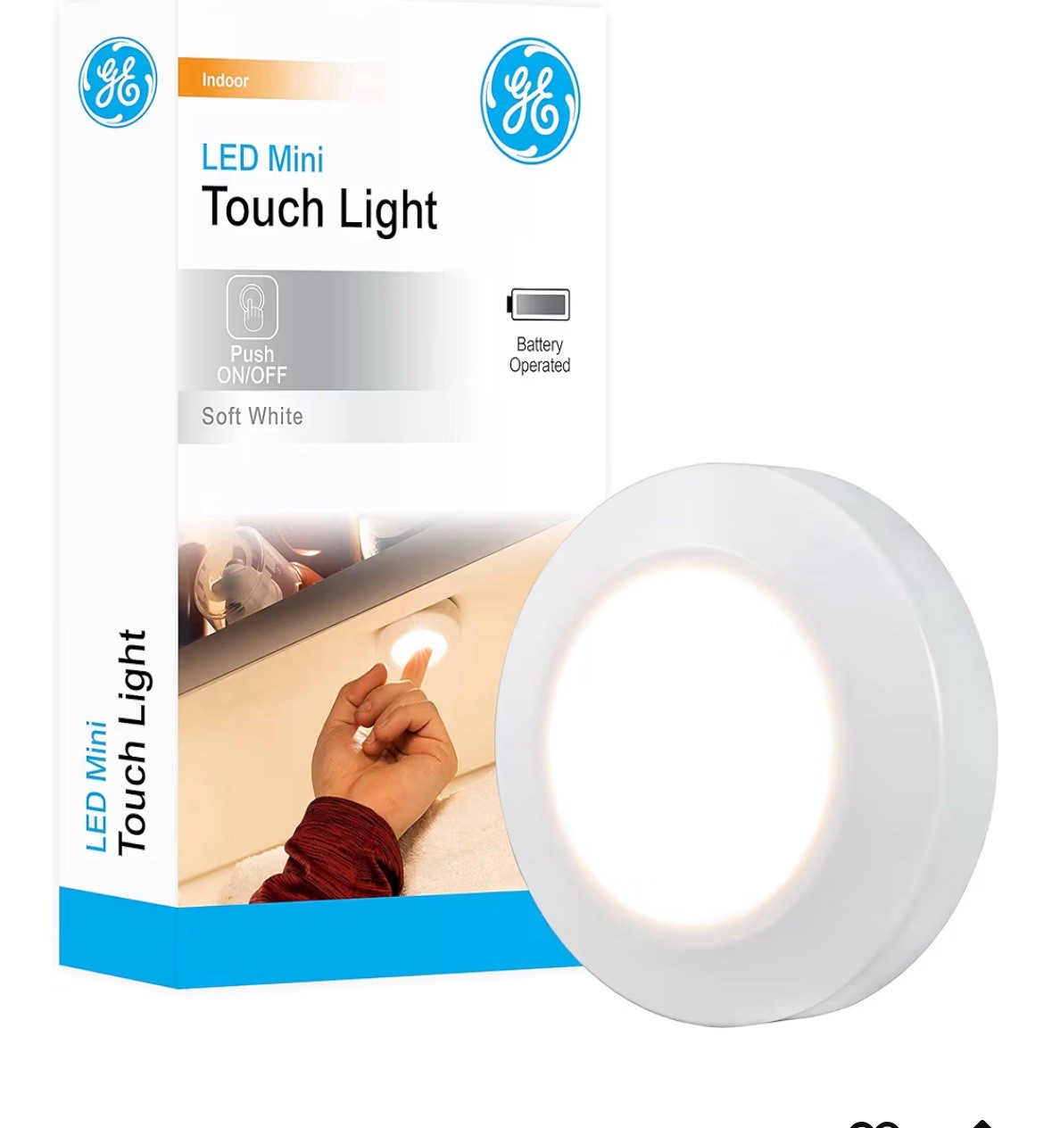 GE Battery-Operated Tap Light, White Push Light, Stick-On, Wireless and Portable
