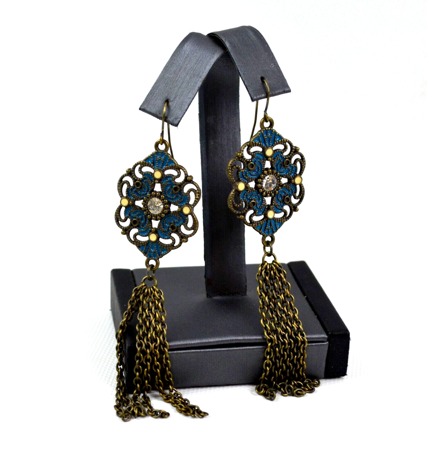 Dangle Pierced Hook Earrings Blue w/ Clear Center Rhinestone & Chain Dangles