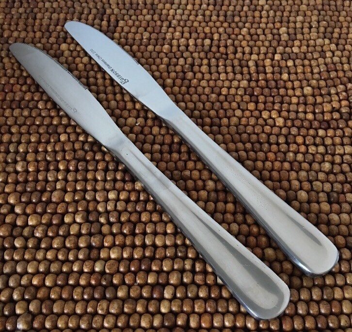Gibson STUDIO Stainless Glossy Raised Edge Round Tip 2 DINNER KNIVES 8.5" NEW