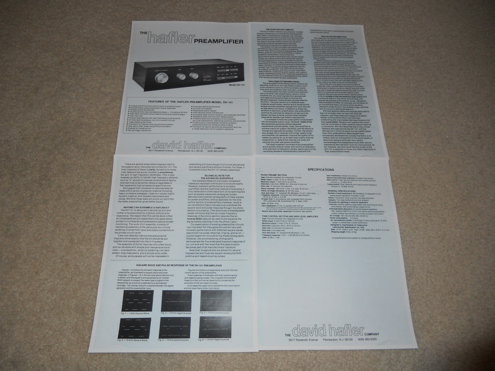 Hafler Preamp Brochure DH-101, Early David Hafler Pre, Specs, Articles, 4 pages