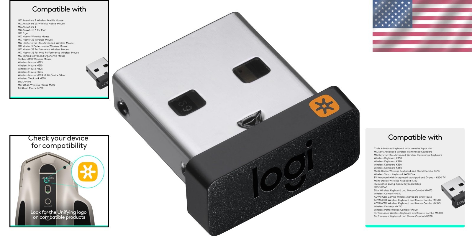 Compact Logitech USB Unifying Receiver - 2.4GHz Wireless Technology for PC/Mac