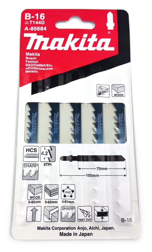 Set 5 Jigsaw blades B-16 HCS, 105x1,25 mm A-85684 for wood Makita