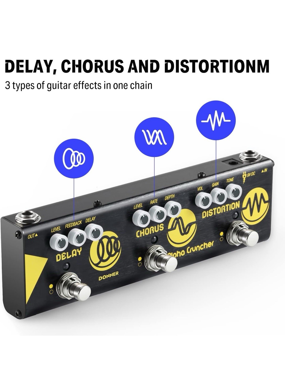 Donner Alpha Cruncher Multi Effects Pedal Delay Chorus Distortion With Adapter/
