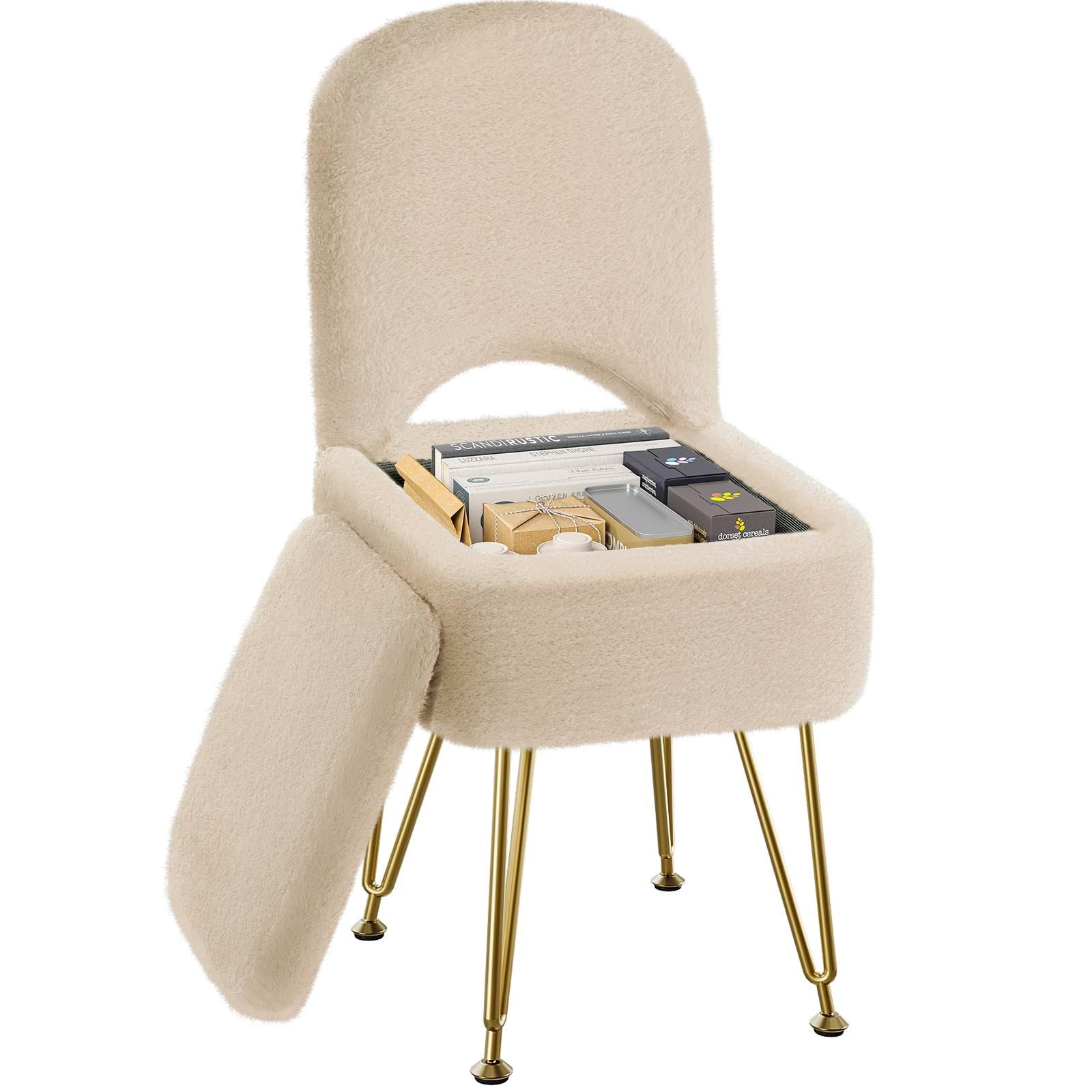 Small Vanity Stool Chair with Storage and Folding Back, 13.4" x 15" x 30" Squ...
