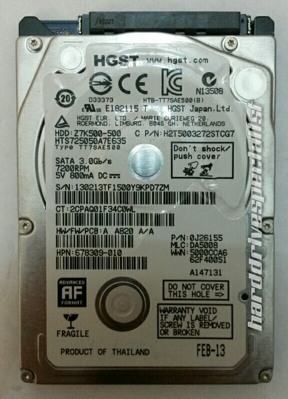HGST HTS725050A7E635 500GB SATA Drive 3.0Gb/s 7200RPM P/N:0J26155 MLC:DA5008