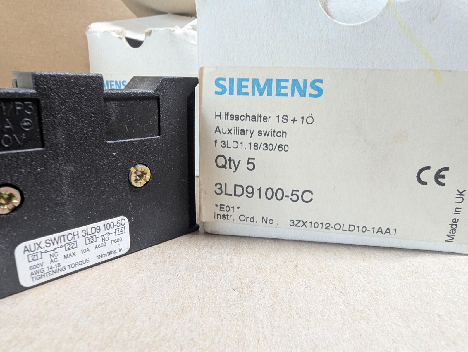 Siemens 3LD9100-5C Auxiliary Contact 1NO/1NC 600VAC 10A, Qty 1 (New No box)