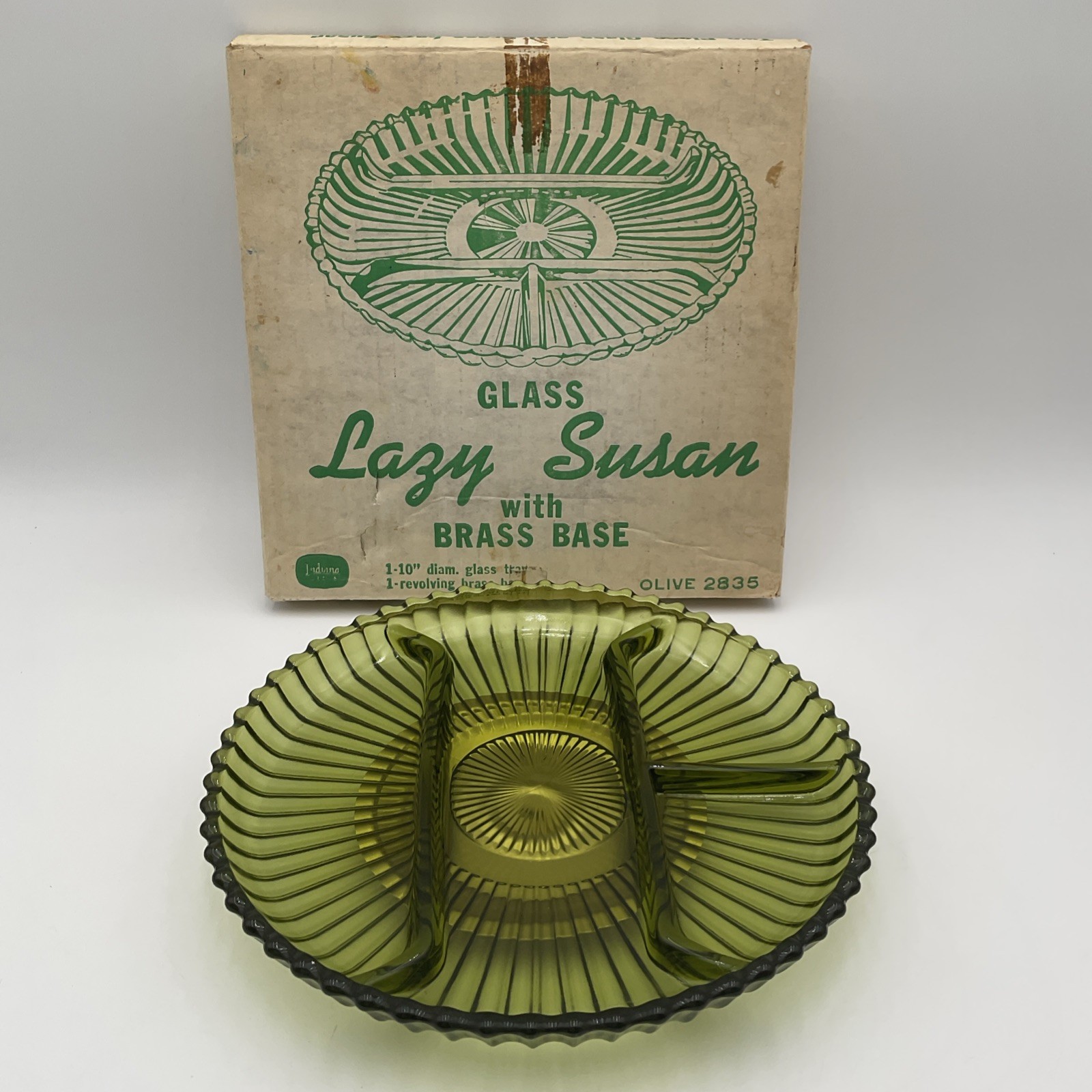 Vintage Indiana Glass Lazy Susan 10" w/ Brass Base & Original Box - Olive Green