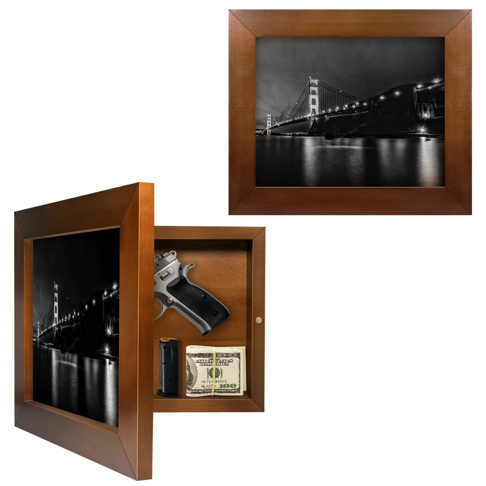 Hidden gun storage picture frame walnut finish secures pistols discreetly at