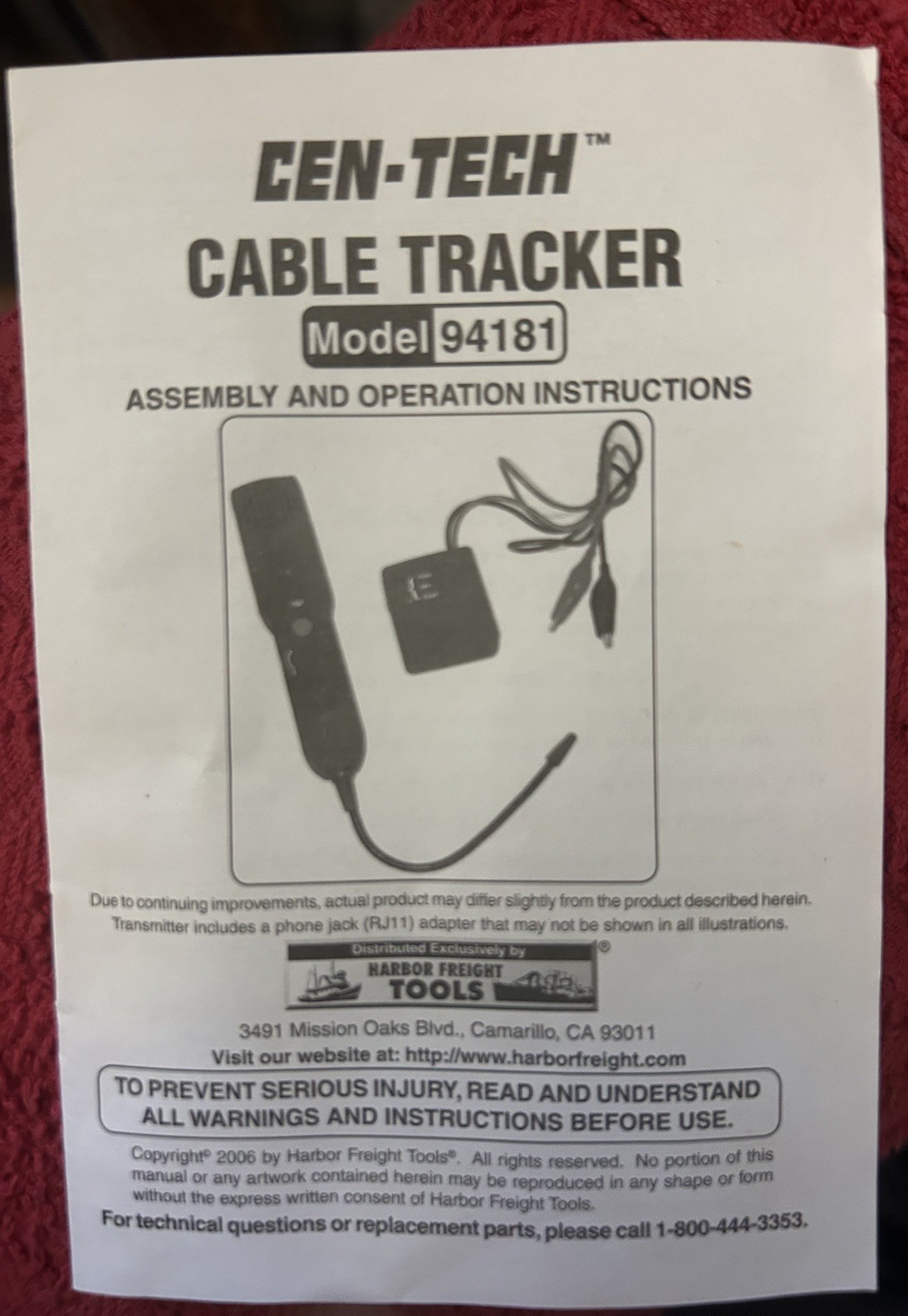 Cen Tech Cable Tracker Sender Receiver Model #94181 Assembly & Operation Manual