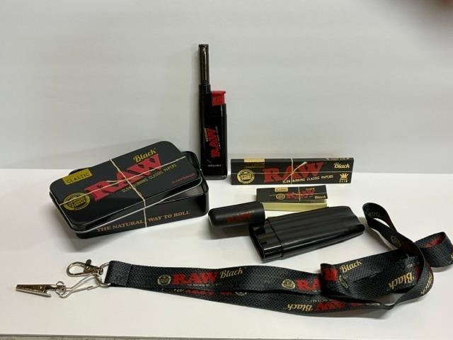 RAW Black THREE TREE Storage Case Bundle Tin Lighter Papers Tips Lanyard Set