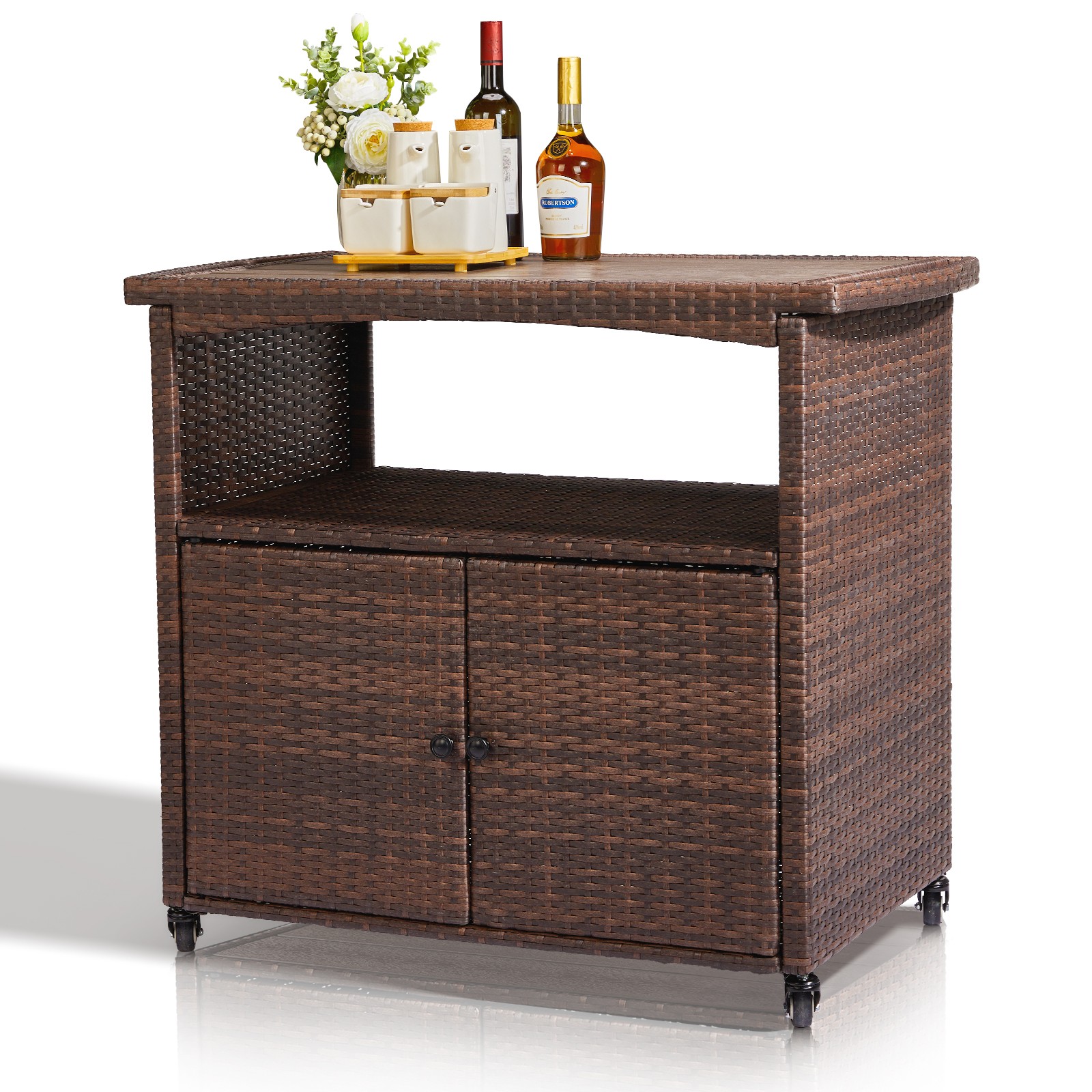 In/Outdoor Patio Storage Shelf Wicker Brown Garden Food Prep Bar Table Cabinet