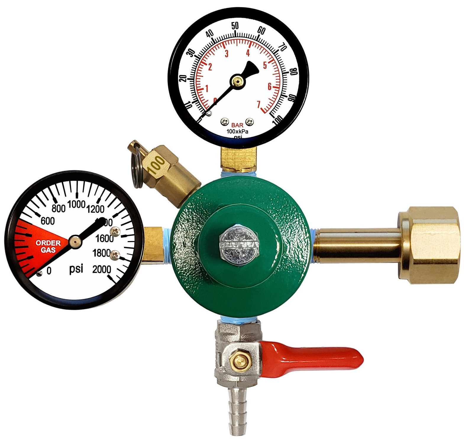 PRIMARY CO2 REGULATOR- 1/4" BARB w/SHUT OFF & CHECK VALVE - 100:2000 GAUGES