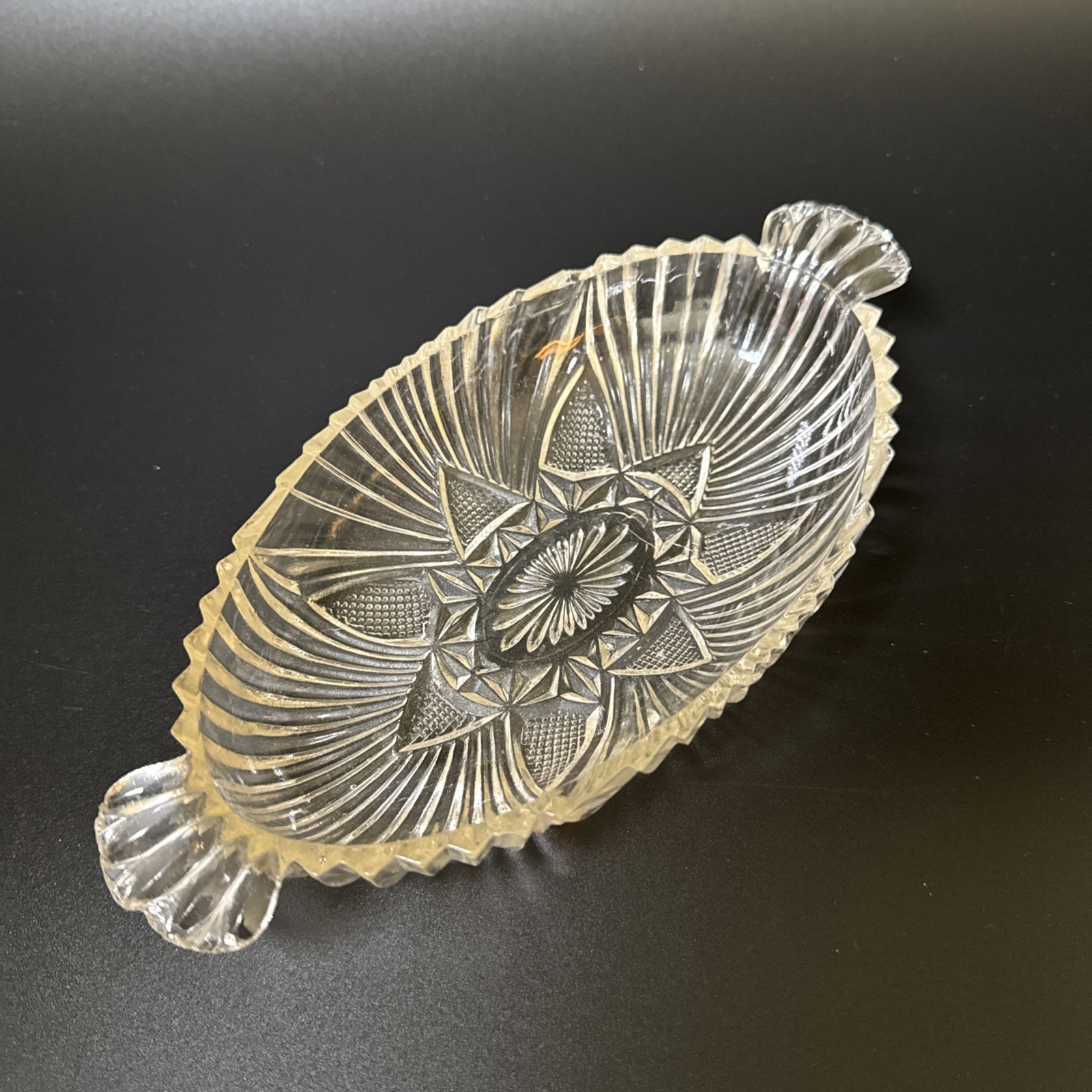 Hazel Atlas Depression Glass Oval Glass 2 Handled Boat Shaped Dish  6.5  x 4