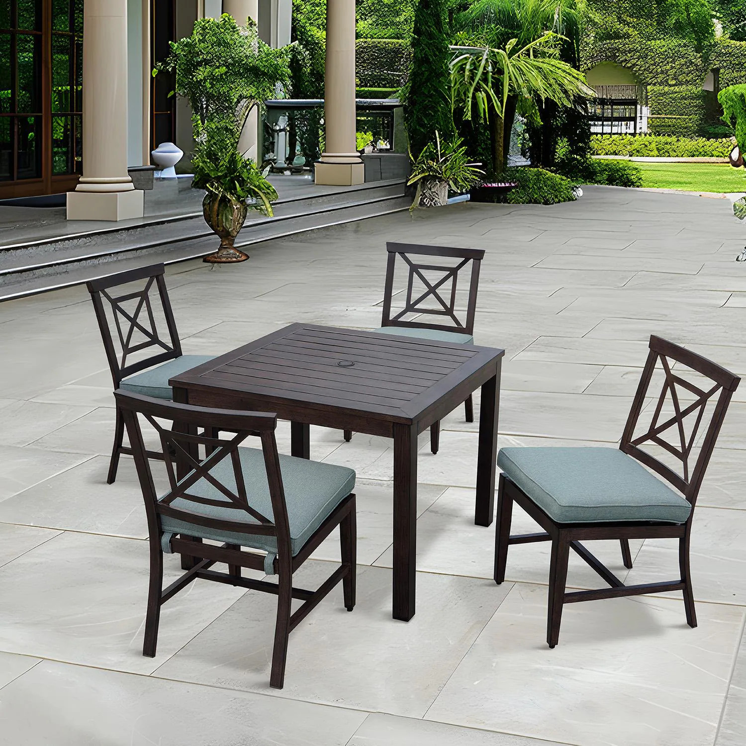 Atlantis 5 Pc Aluminum Dining Set 37 Inch Table in Walnut/Spa by Darlee