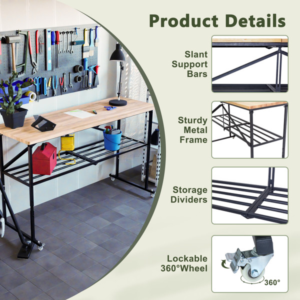 Foldable solid wood workbench with casters and adjustable height