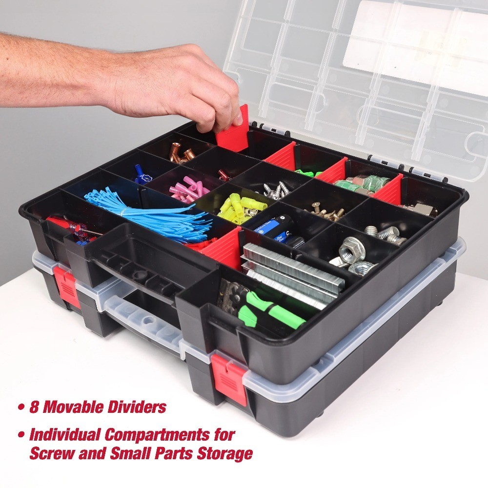 Stackable Plastic Storage Box with 8 Adjustable Dividers 2-Pack Organizer