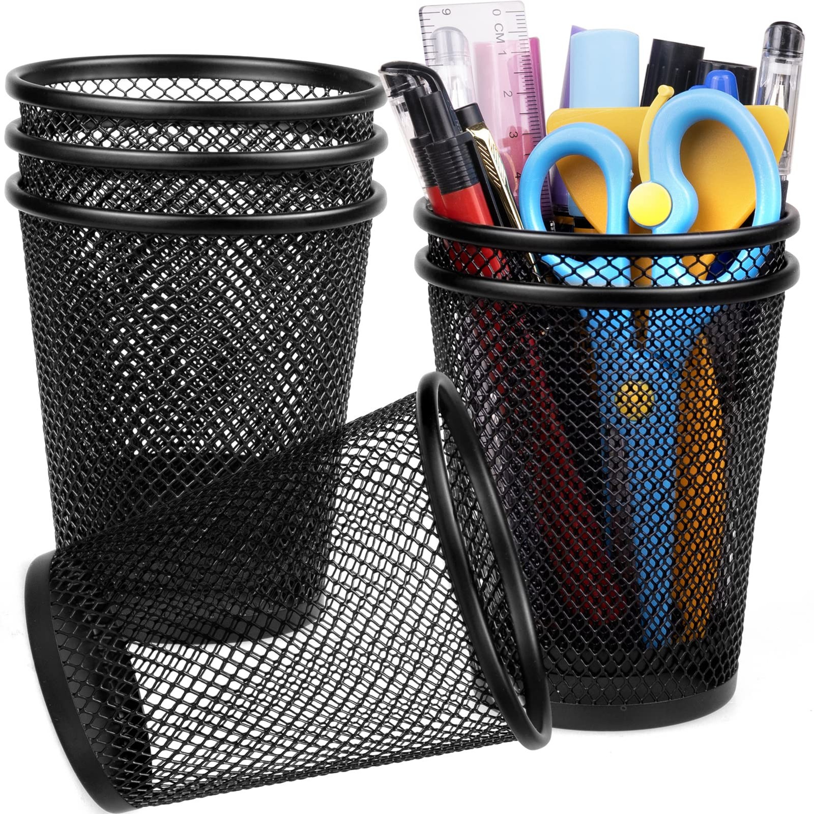 Mesh Pencil Holder for Desk 6 Pack, Metal Pen Cup Black | Pen Holder for Desk, D