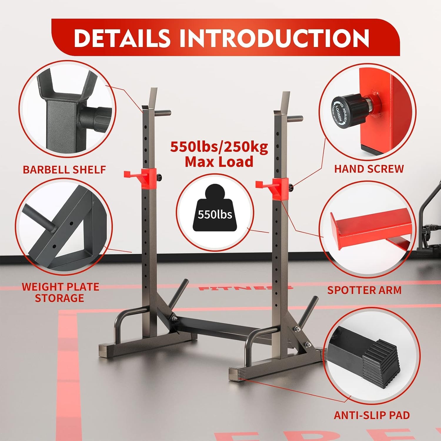 Adjustable Squat Rack Barbell Rack Bench Press 550 LBS Max Load Multi-Function