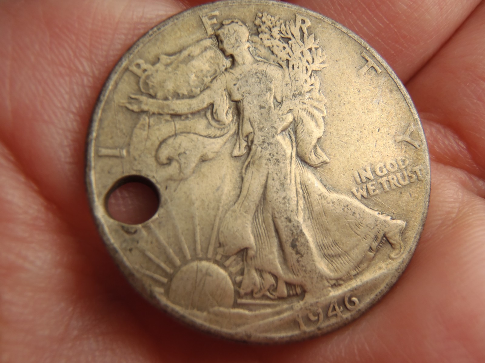 1946 Walking Liberty Half Dollar 50c Silver Actual Coin 90% Silver Has Hole