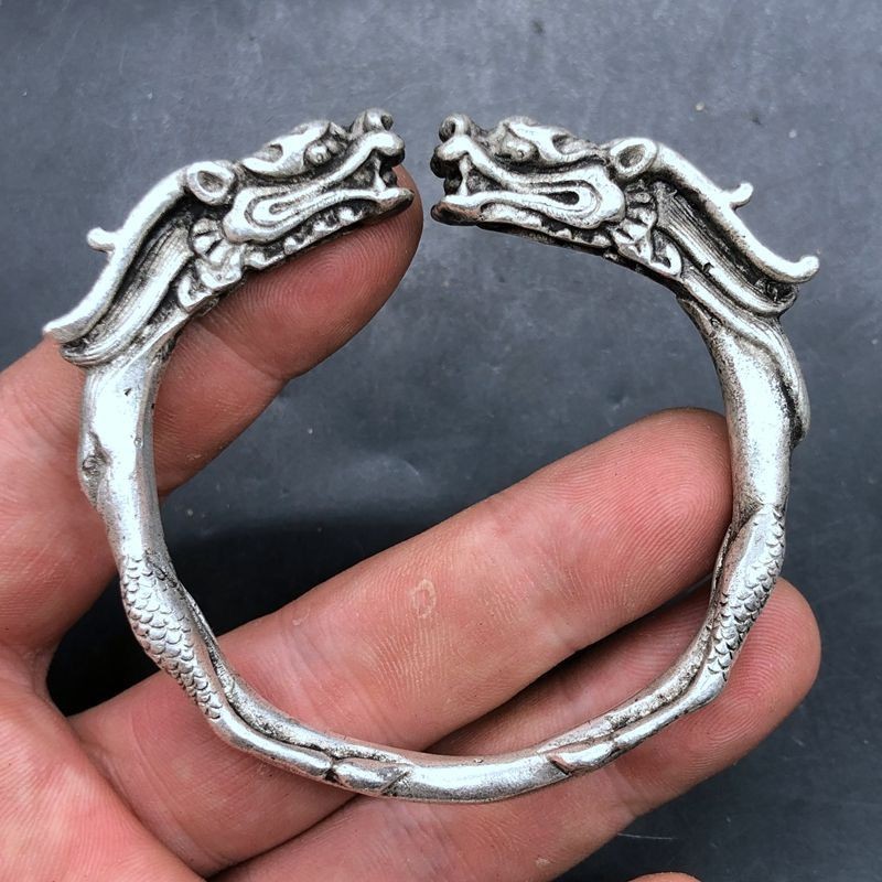 Antique Old Bracelet with Open Solid Dragon Head Bracelet